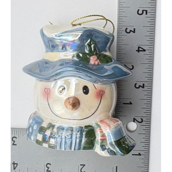Vintage Ceramic Snowman Head Christmas Tree Ornament Iridescent Finish Blue Hat - Picture 3 of 8